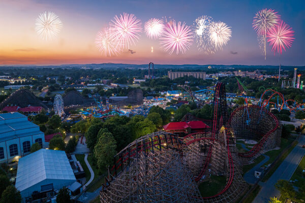 Hershey Park sunset with fireworks.