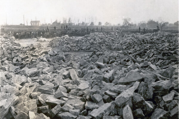 Historical photo showing chocolate factory ground breaking