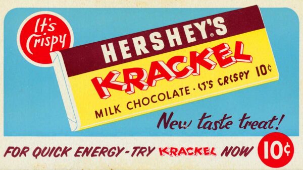 Illustration of Hershey's Krackel bar wrapper against blue background