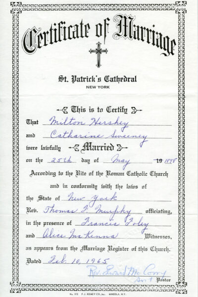 Marriage license between Milton and Catherine Hershey