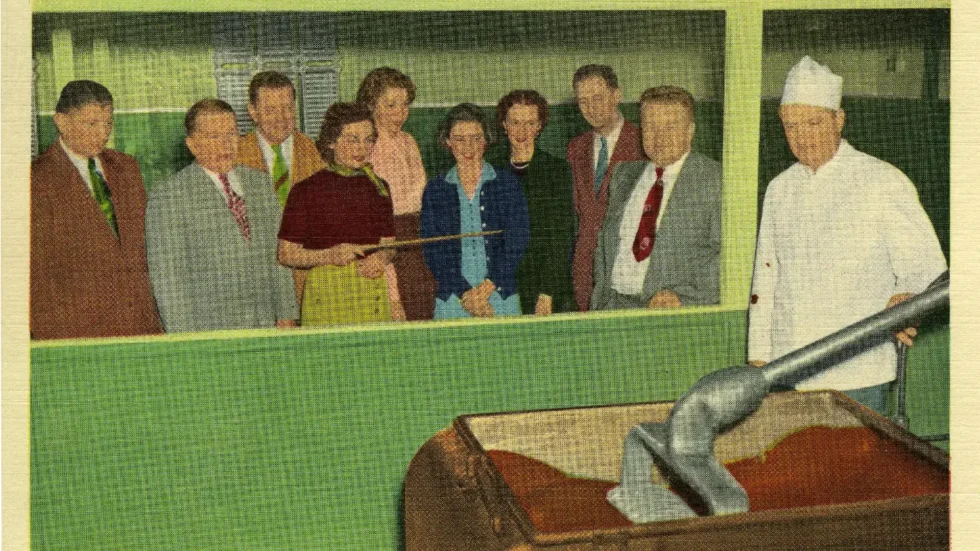 Colorized photo of the Hershey factory tour
