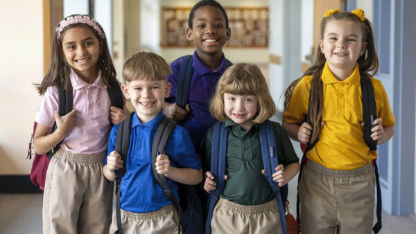 Milton Hershey School students in hallway with backpacks