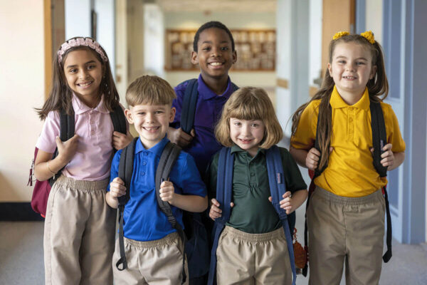 Milton Hershey School students in hallway with backpacks