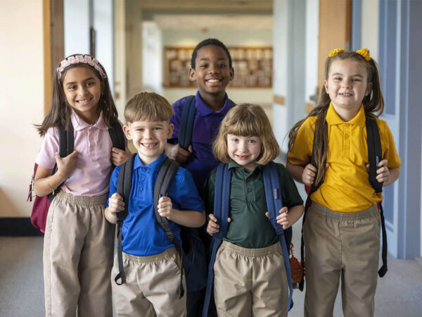 Milton Hershey School students in hallway with backpacks